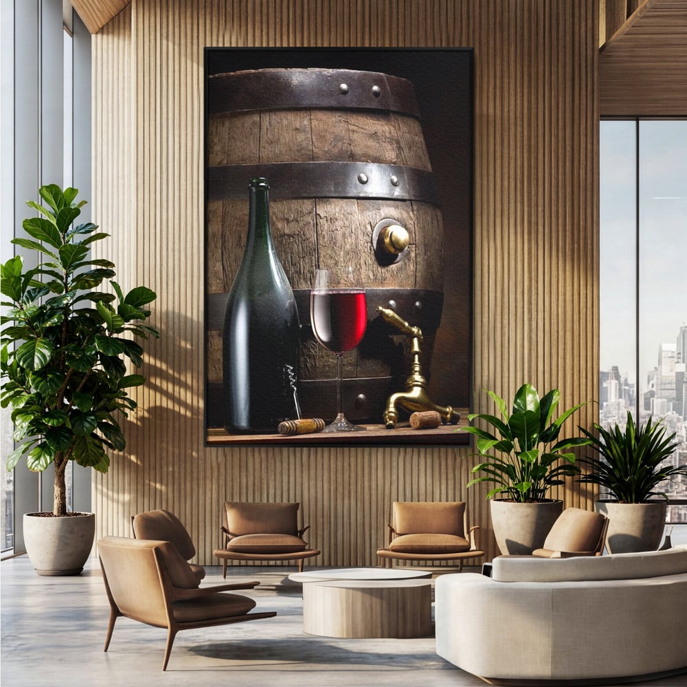 Tablou canvas cu tablou canvas cu butoi si vin, in rama de aluminiu negru, pe perete intr-un birou